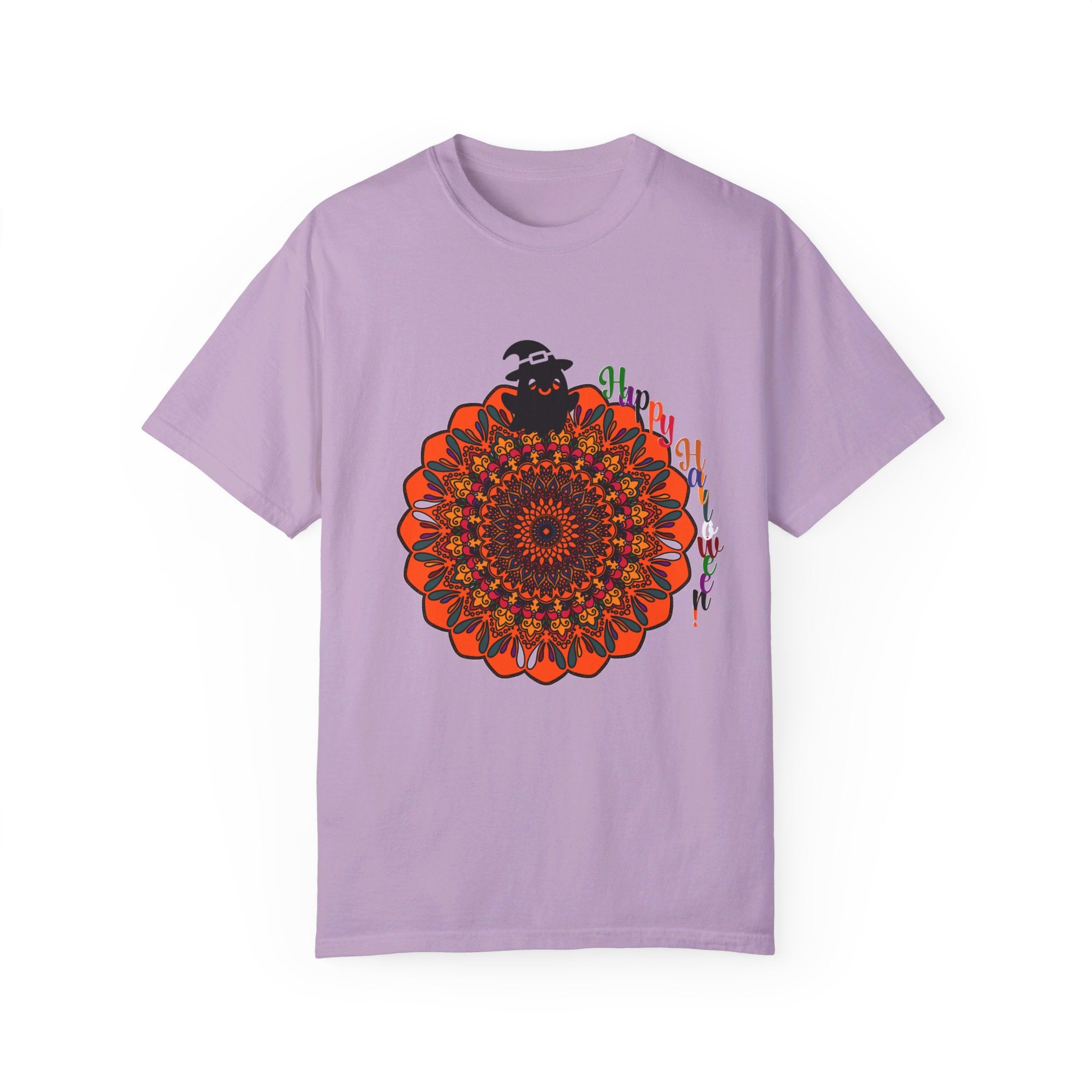 Unisex Halloween Mandala T-shirt featuring handmade pumpkin mandala art on garment-dyed tee