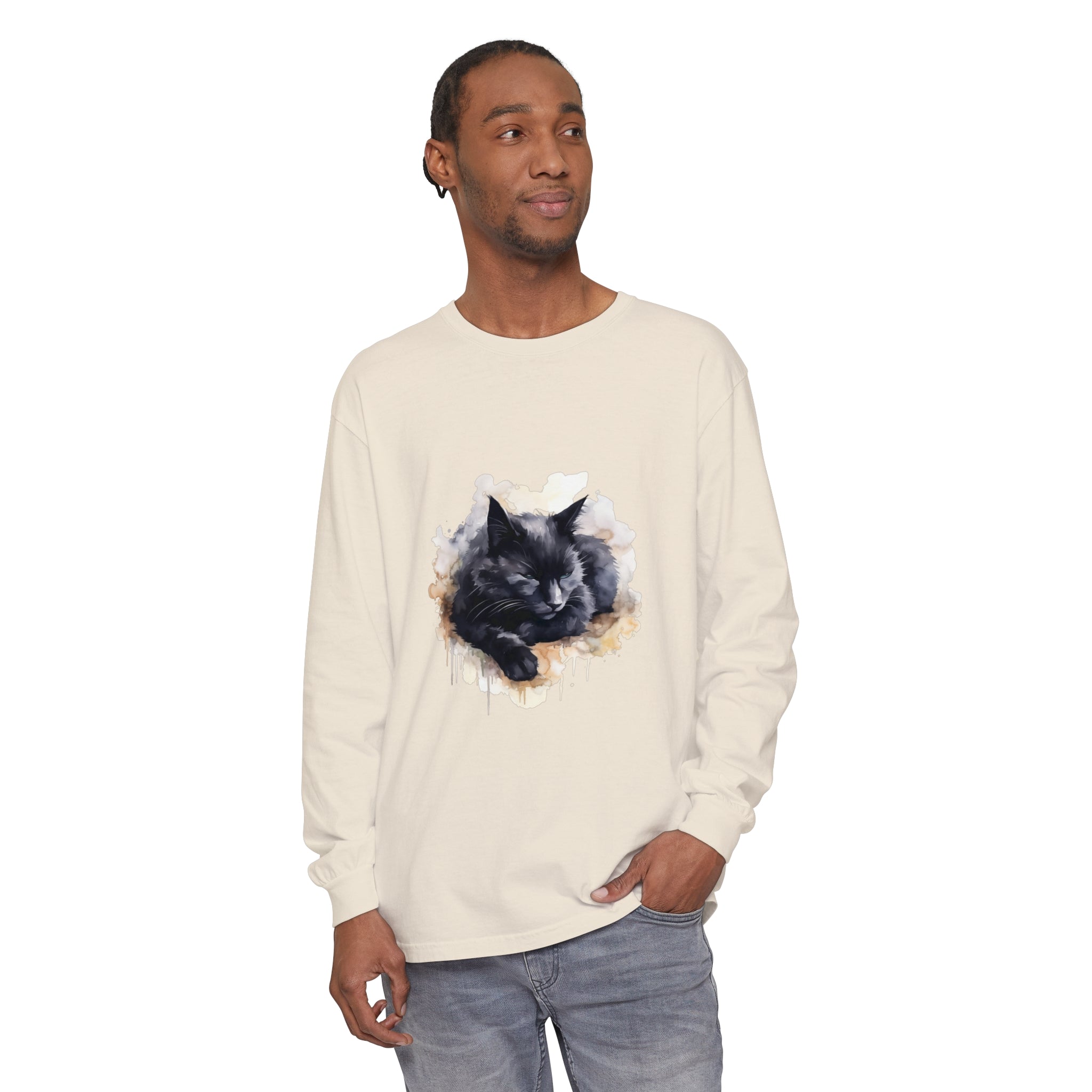 A cute and peaceful black cat lays sleeping in a watercolor design on a comfortable t-shirt