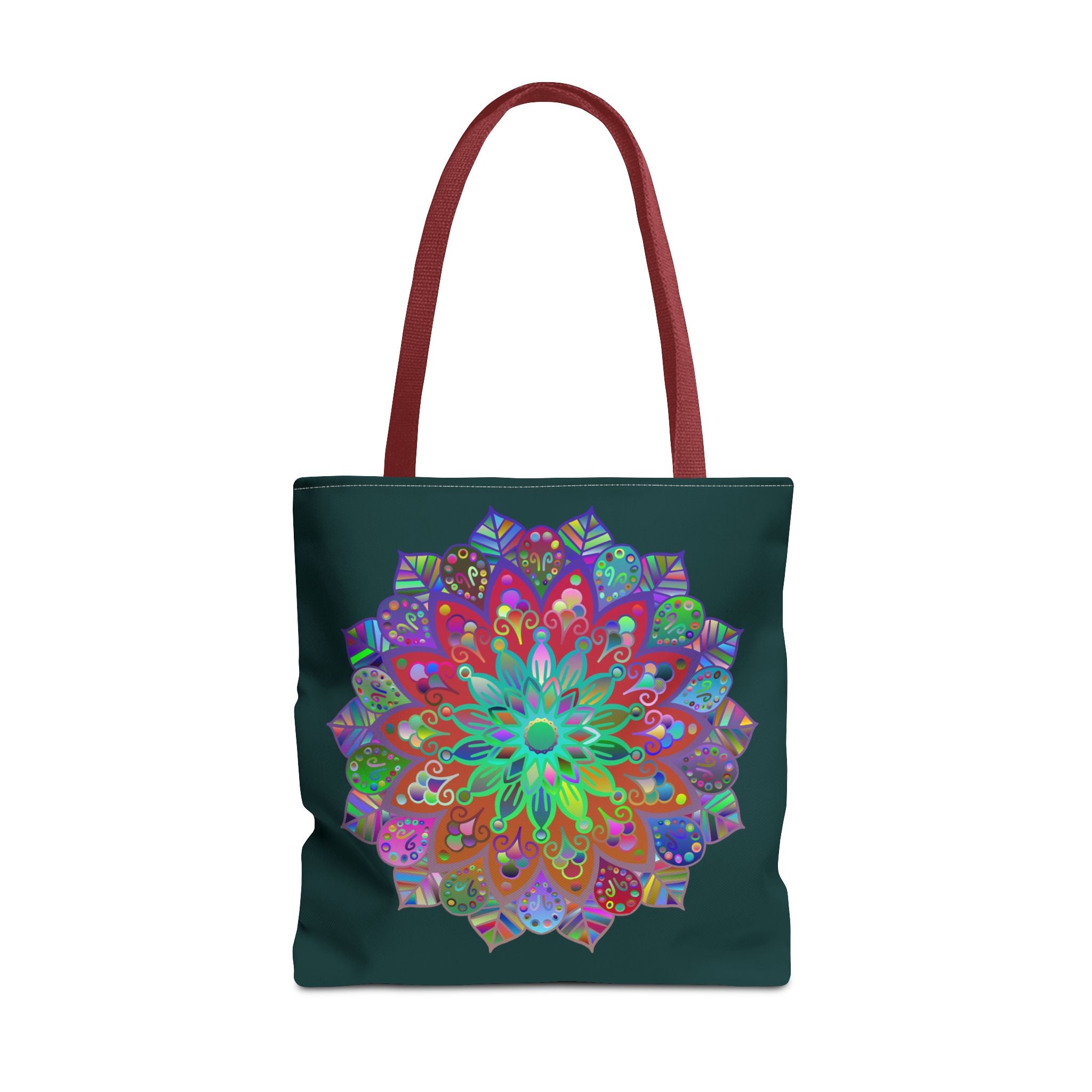 Colorful dark green mandala tote bag with intricate floral design