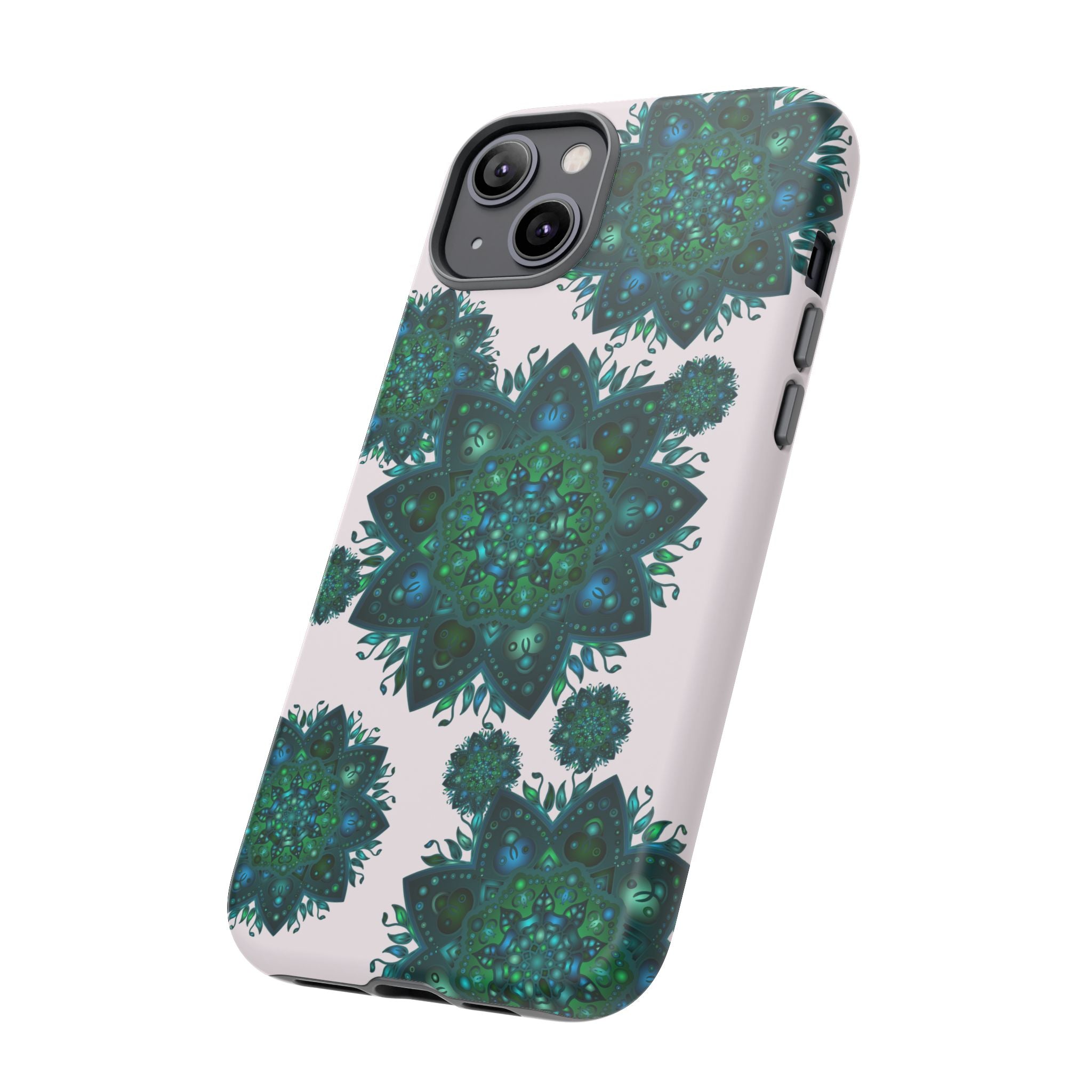 Beautiful light pink and green mandala phone case with peaceful and intricate design