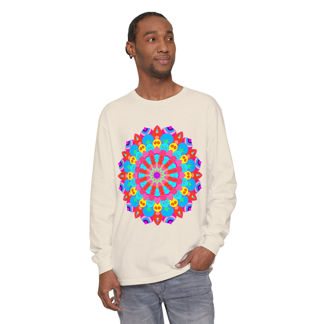 Vibrant and intricate mandala design featured on unisex long sleeve t-shirt