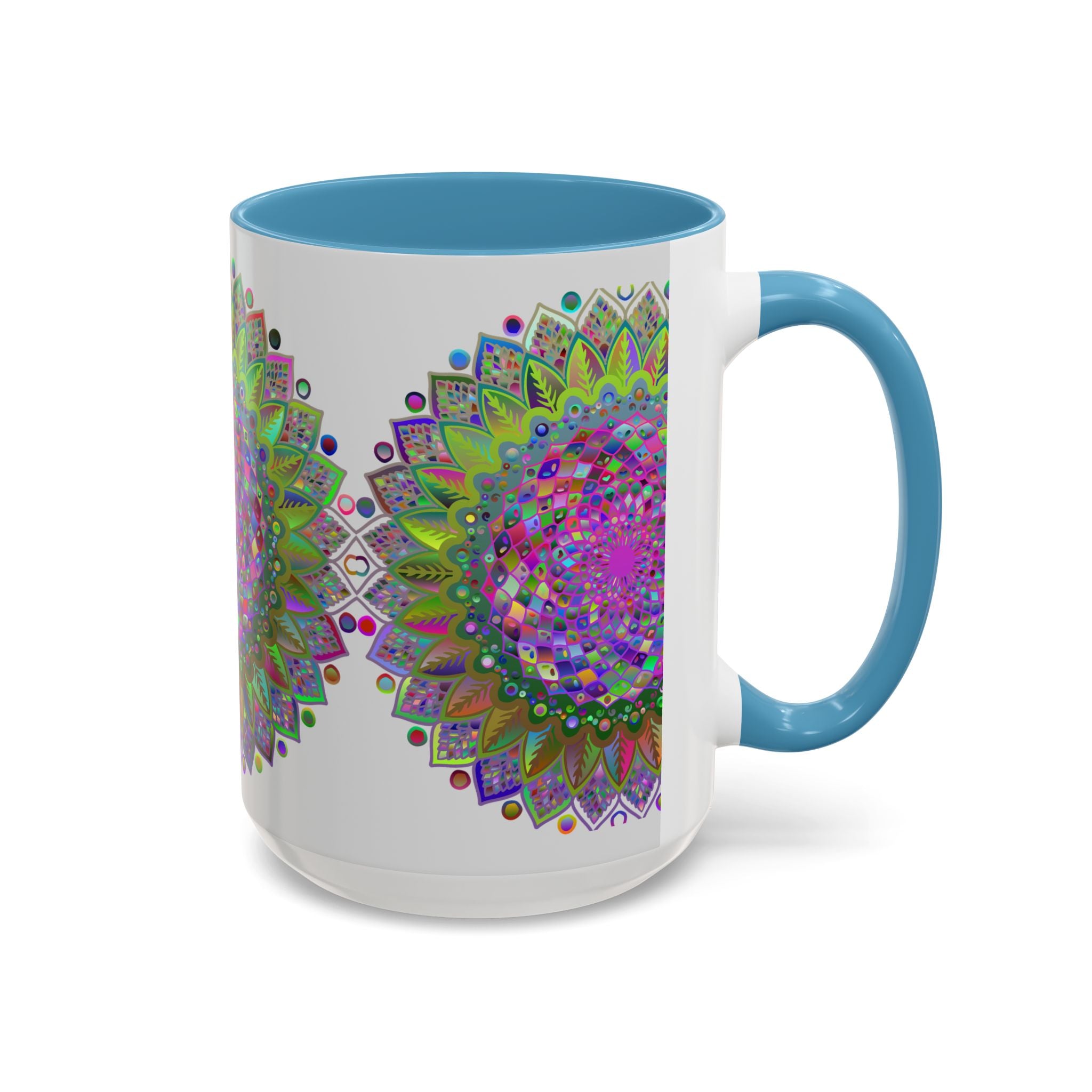 Colorful and intricate psychedelic mandala design on a grey ceramic mug