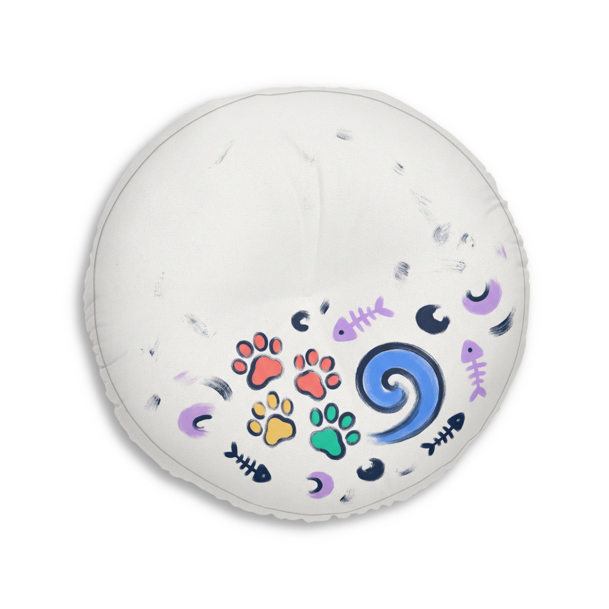 Round Tufted Floor Pillow — Cute Orange Cat Pattern, Paw & Swirl Accent