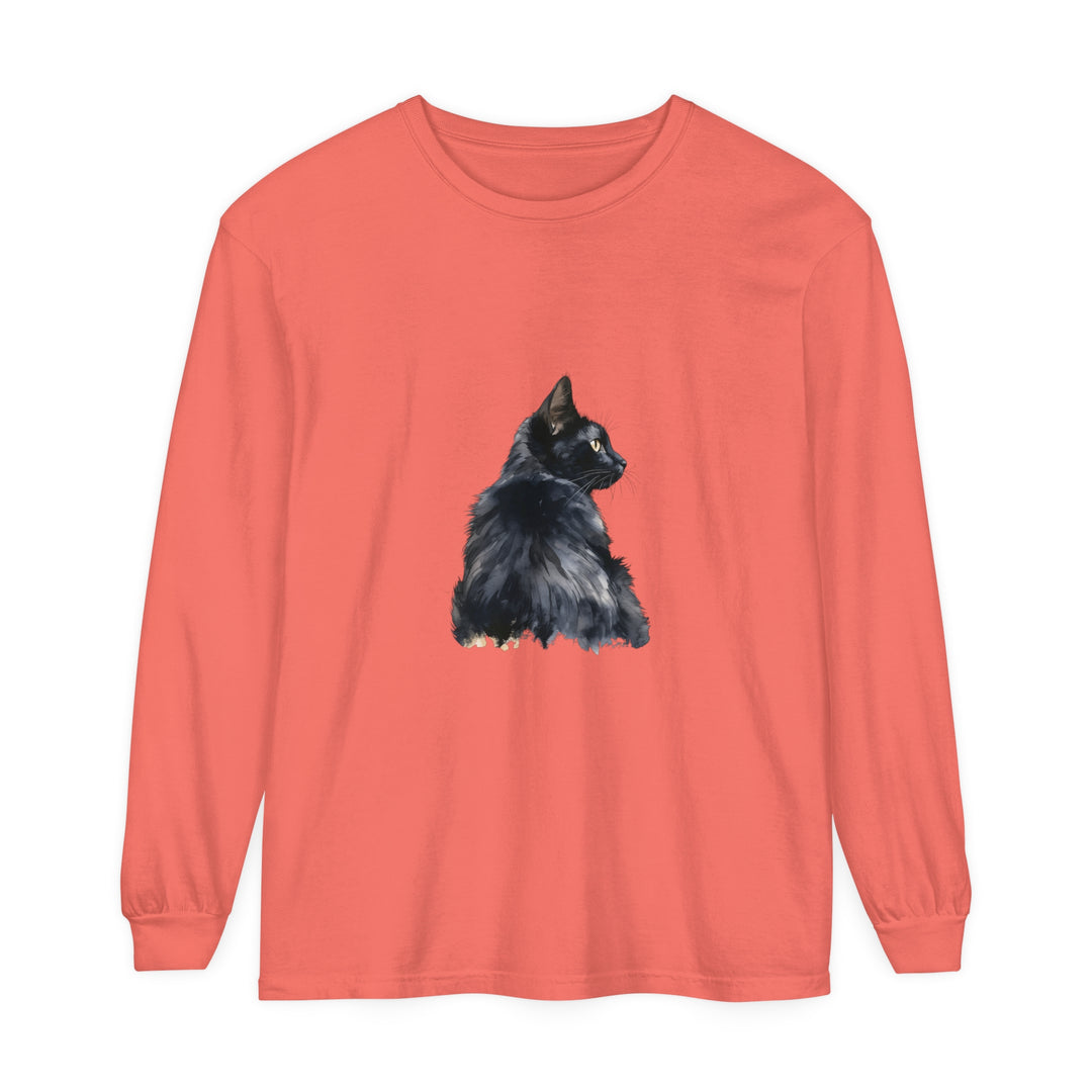 Black Cat Watercolor Long Sleeve T-Shirt with vibrant watercolor design