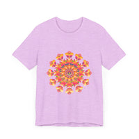 Colorful and vibrant mandala tee featuring a beautiful blend of pink, yellow, orange, and green hues