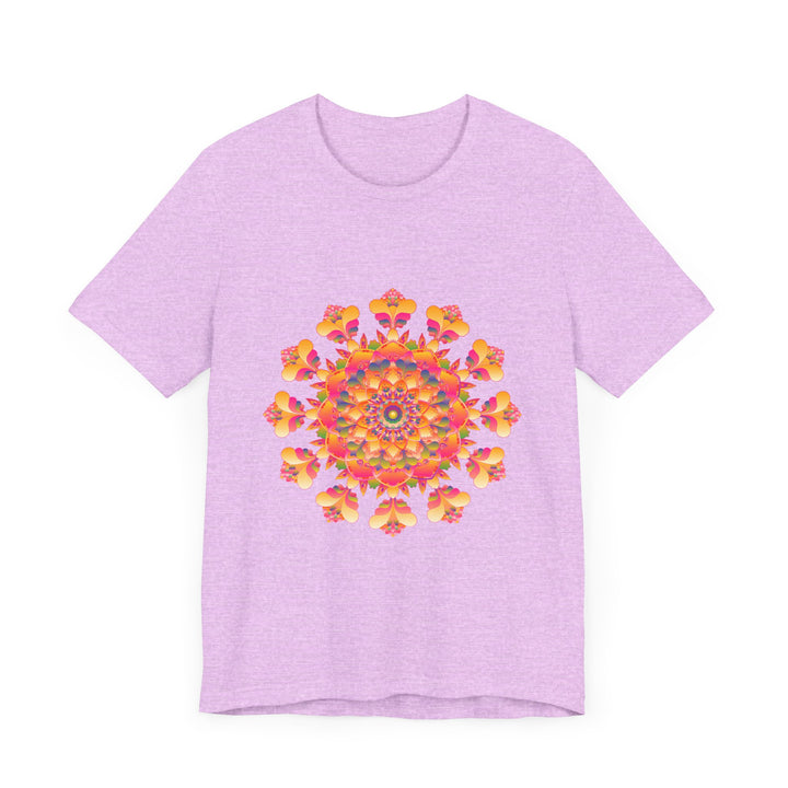 Colorful and vibrant mandala tee featuring a beautiful blend of pink, yellow, orange, and green hues