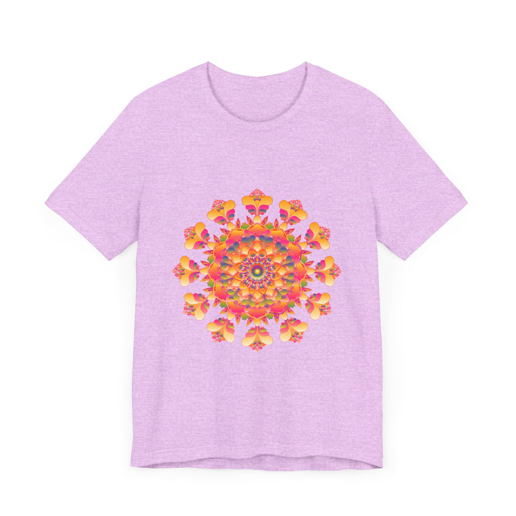 Colorful and vibrant mandala tee featuring a beautiful blend of pink, yellow, orange, and green hues