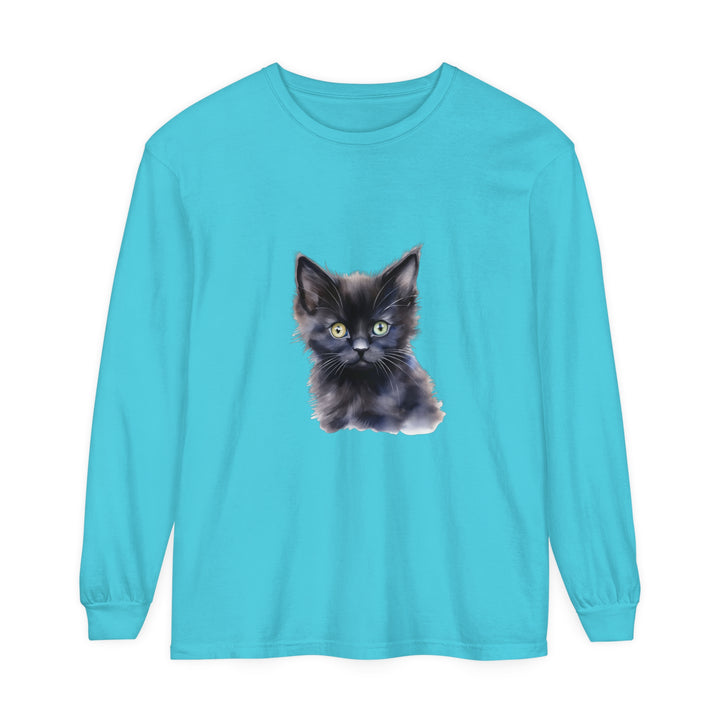 A close up image of a black unisex long sleeve t-shirt with a mystical kitten design on the front