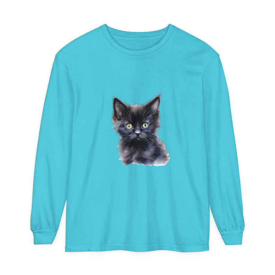 A close up image of a black unisex long sleeve t-shirt with a mystical kitten design on the front