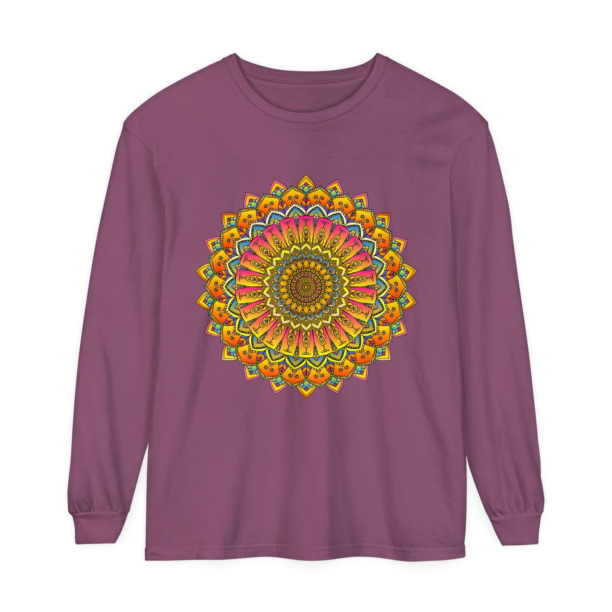 Colorful and intricately designed long sleeve unisex t-shirt with mandala pattern