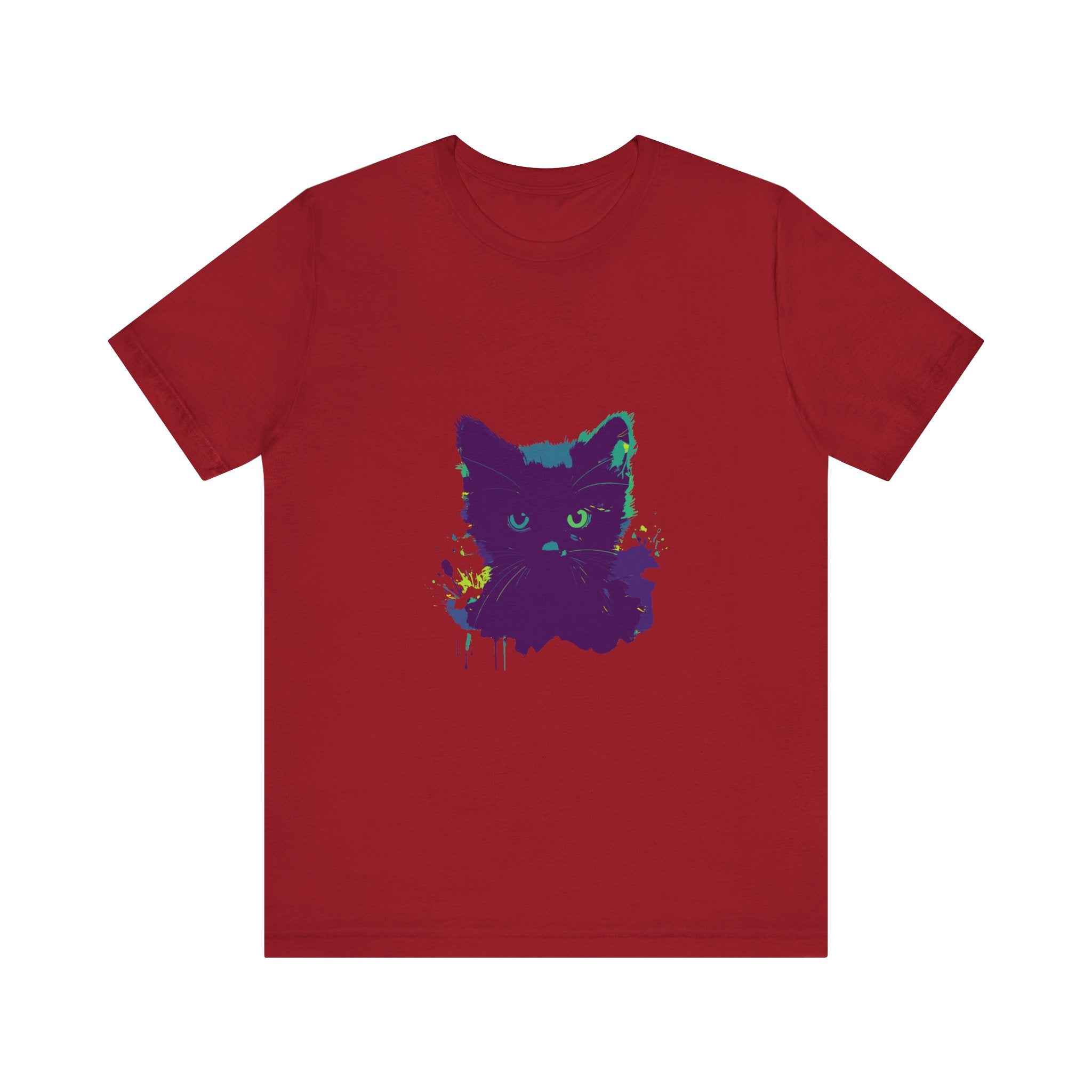 A close-up photo of a black cat mystery watercolor t-shirt with vibrant colors and intricate design on soft, high-quality fabric