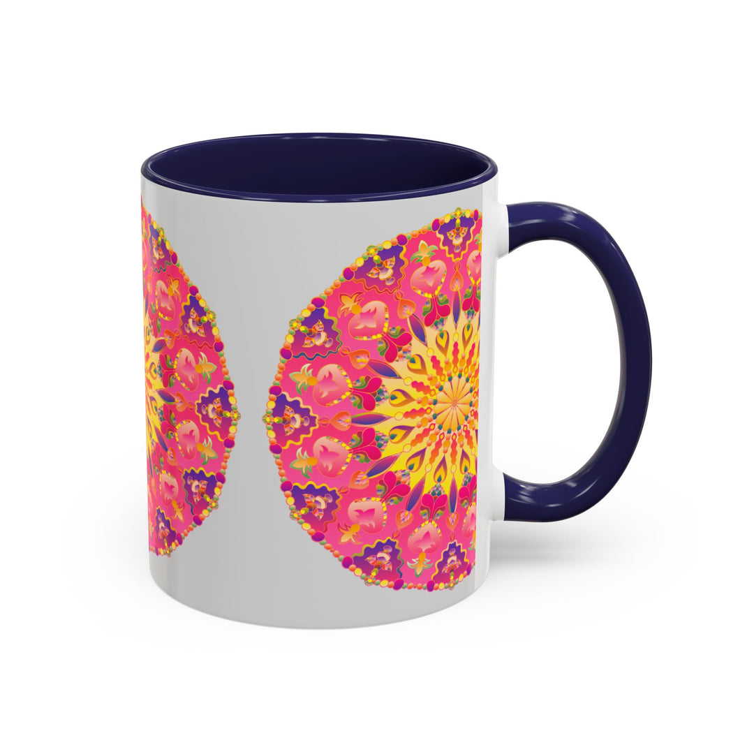 Beautiful pink, yellow, and green Mandala Art Mug, perfect for enjoying your favorite hot beverage in style