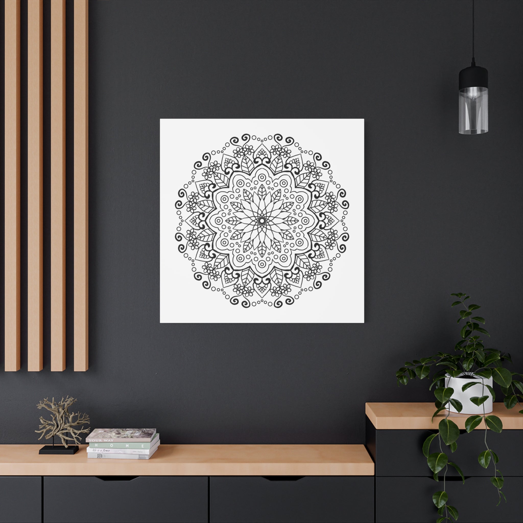 Handmade Mandala Art on Matte Canvas, Stretched, 125 inches, Black & White Wall Art with intricate design