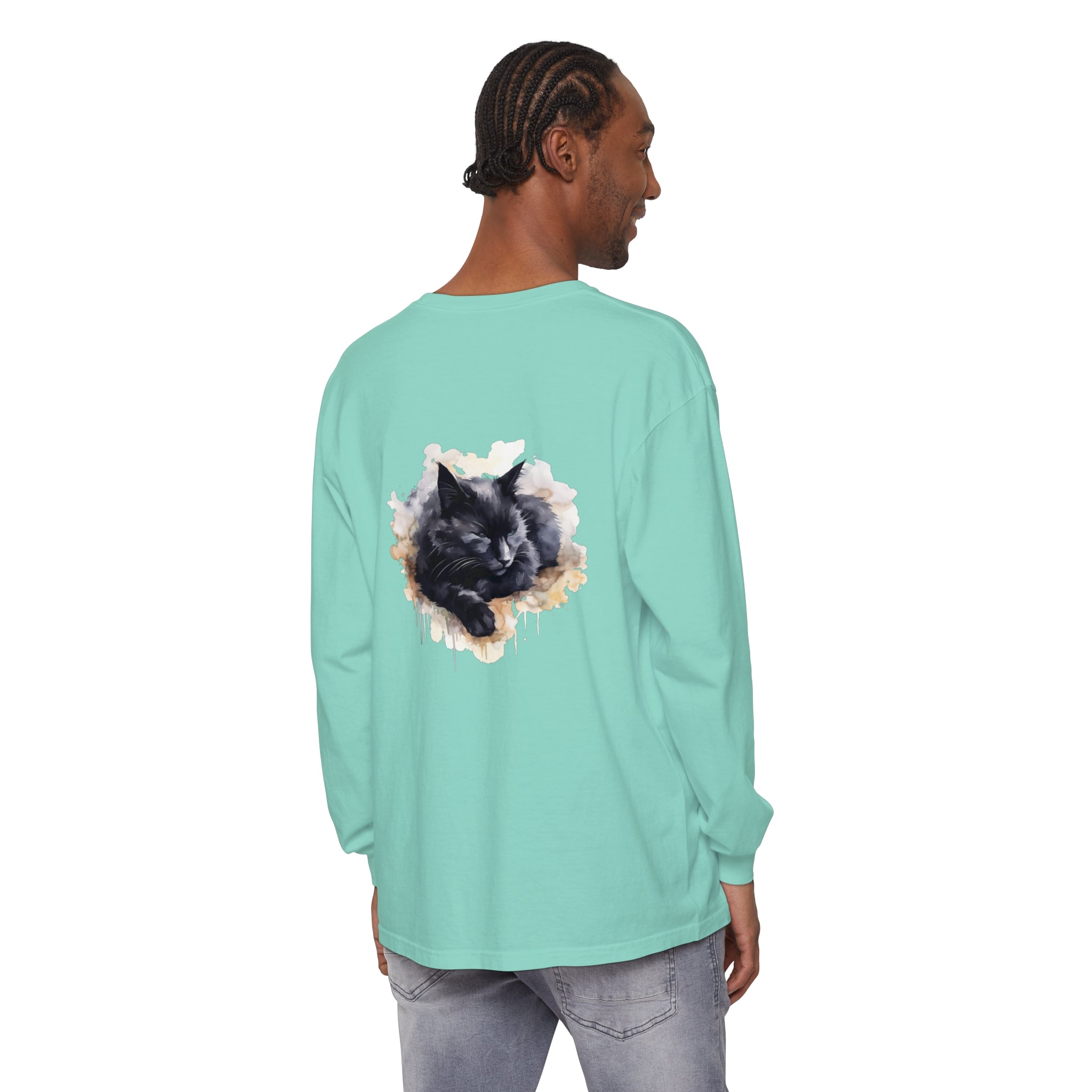 A beautiful watercolor illustration of a black cat sleeping on a t-shirt