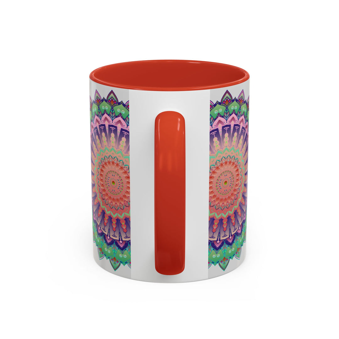 Handcrafted ceramic mug featuring a vibrant mandala design with colorful floral patterns