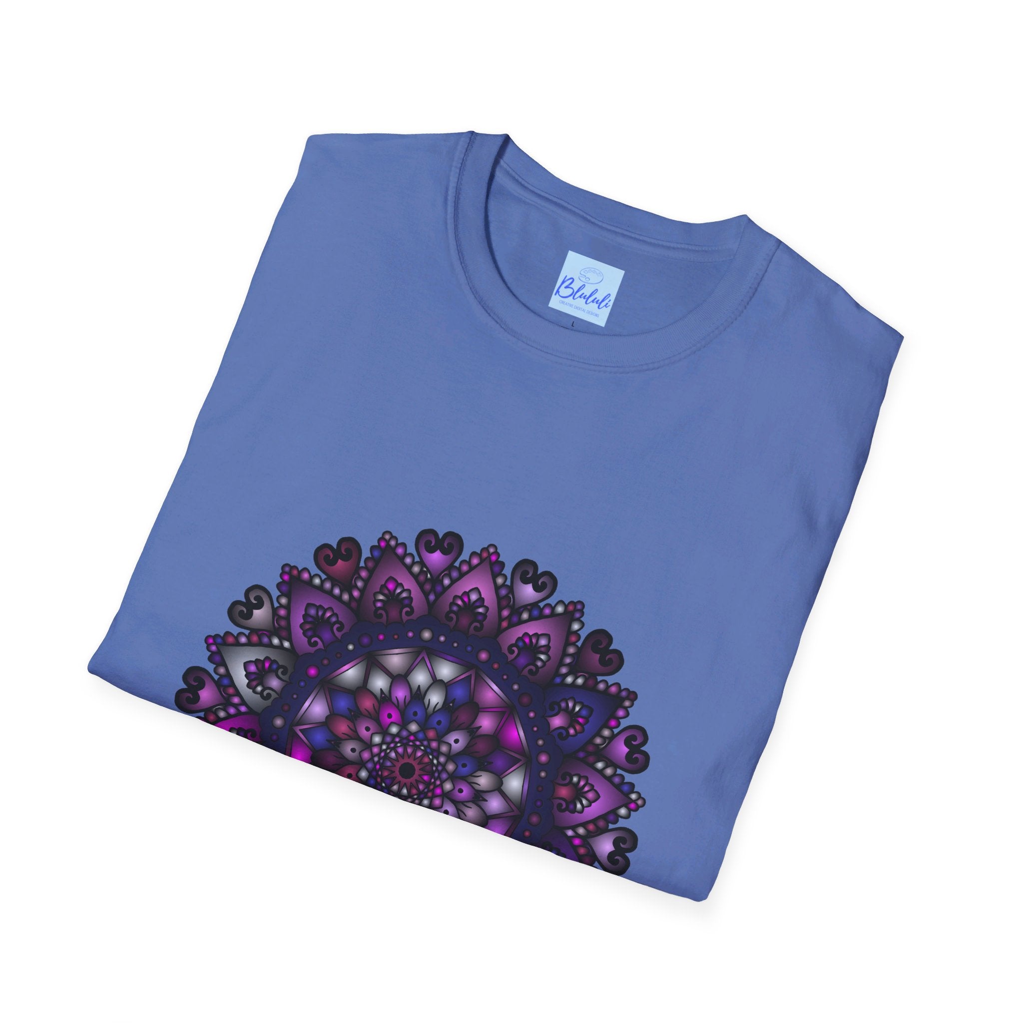 A colorful, intricate purple mandala art unisex softstyle t-shirt with a unique hand-drawn design