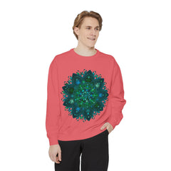 Stylish sweatshirt featuring a teal and blue mandala design with intricate details