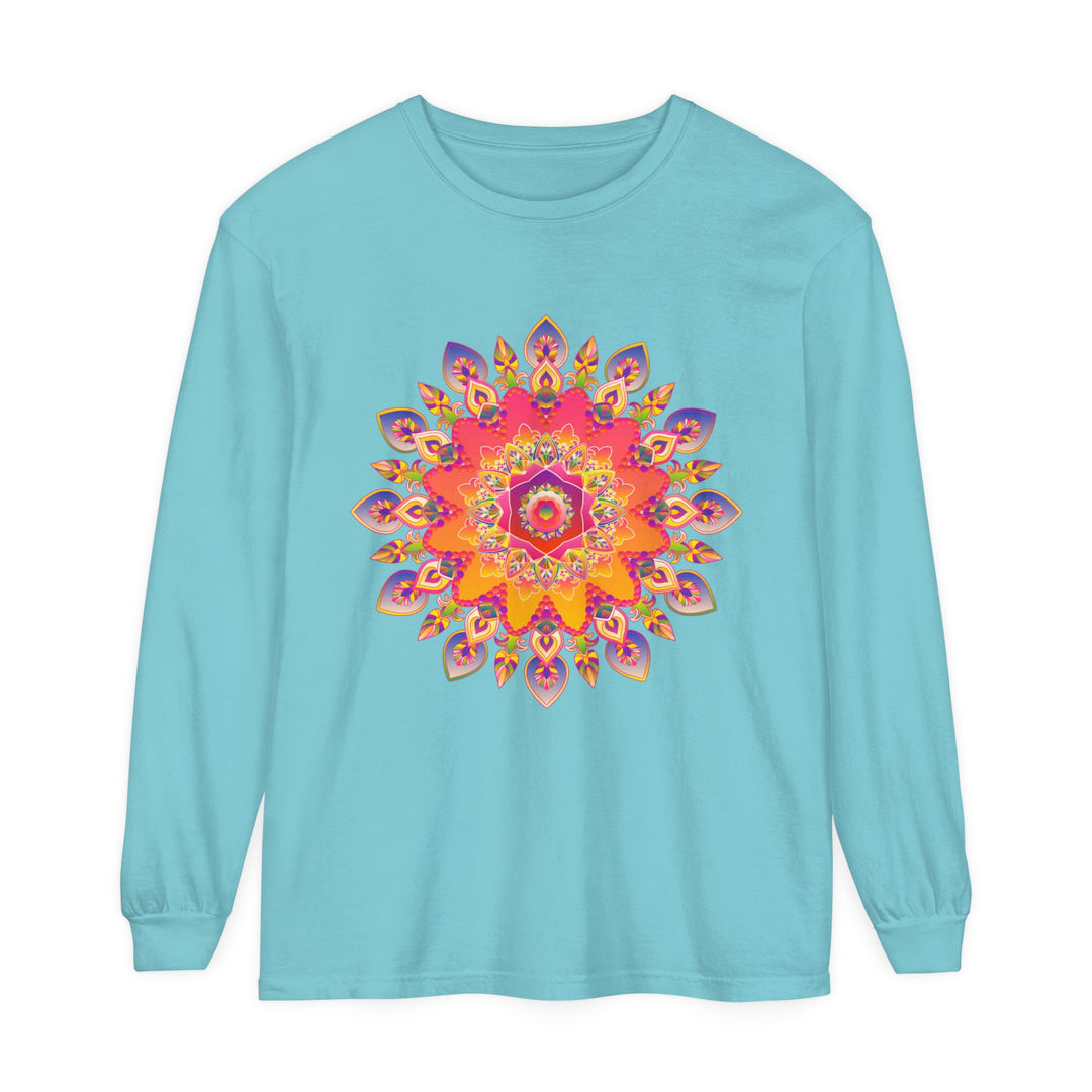 Colorful and intricately designed Vibrant Mandala Unisex Long Sleeve T-Shirt for men and women, perfect for adding a pop of style to any outfit