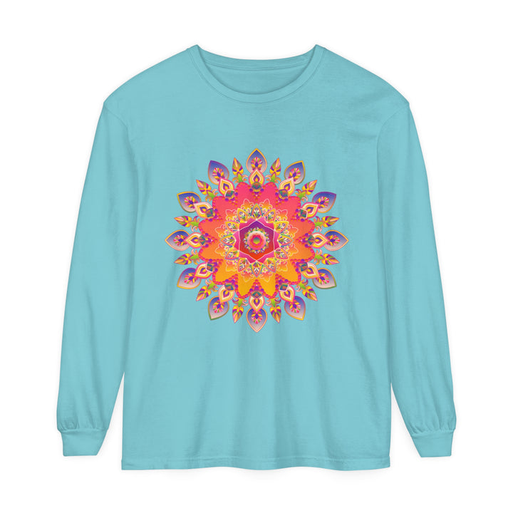 Colorful and intricately designed Vibrant Mandala Unisex Long Sleeve T-Shirt for men and women, perfect for adding a pop of style to any outfit