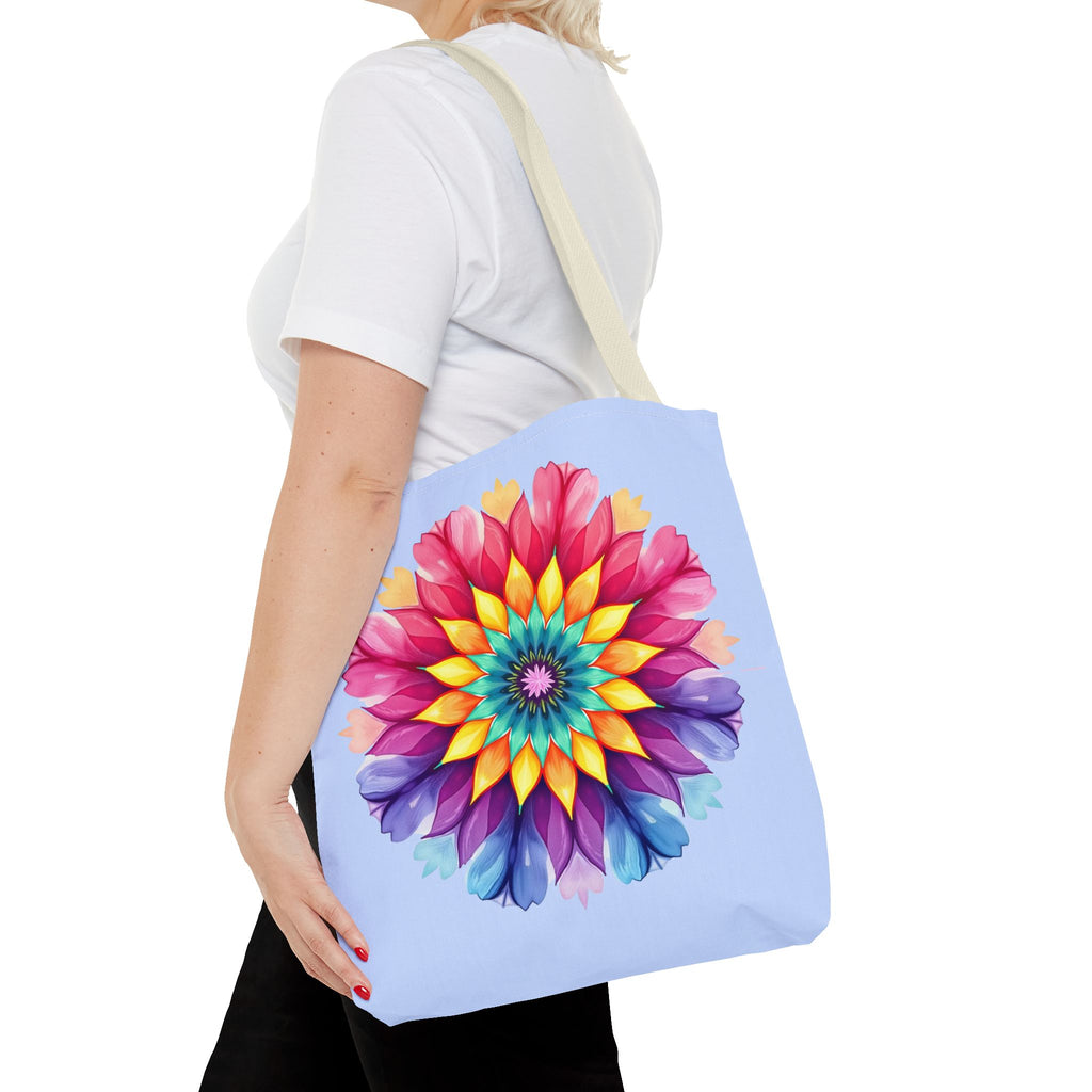 Colorful rainbow mandala tote bag with intricate patterns and vibrant hues