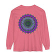 A detailed, colorful mandala design on a unisex long sleeve t-shirt