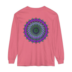 A detailed, colorful mandala design on a unisex long sleeve t-shirt