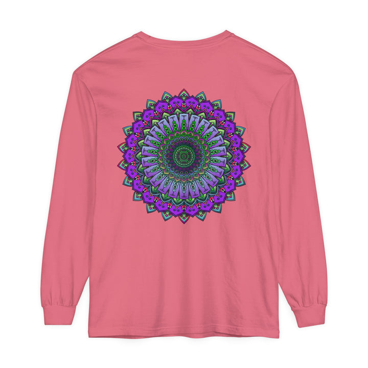 A detailed, colorful mandala design on a unisex long sleeve t-shirt