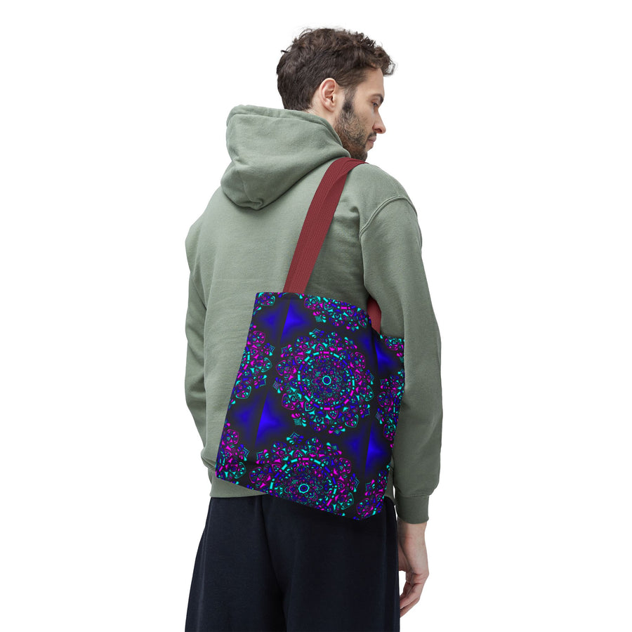 Kaleidoscope Mandala Tote Bag — Vibrant Neon Floral Pattern