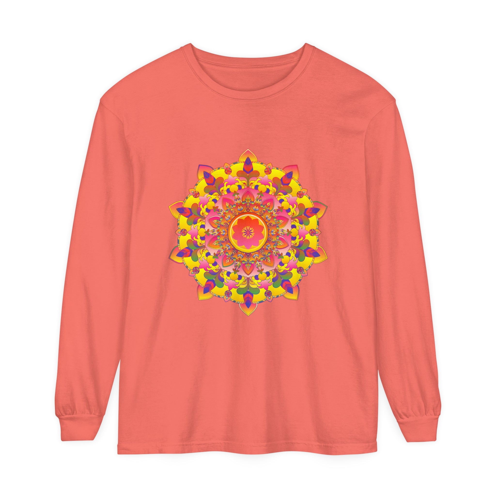 Vibrant Mandala Unisex Long Sleeve T-Shirt featuring a colorful, intricate mandala design