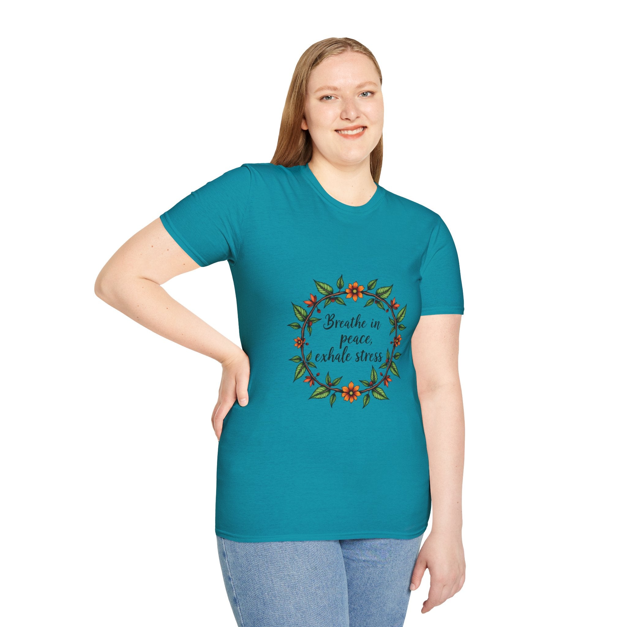 Vibrant and colorful floral garland t-shirt with the calming quote 'Breathe in Peace Exhale Stress' perfect for adding a touch of serenity to your wardrobe