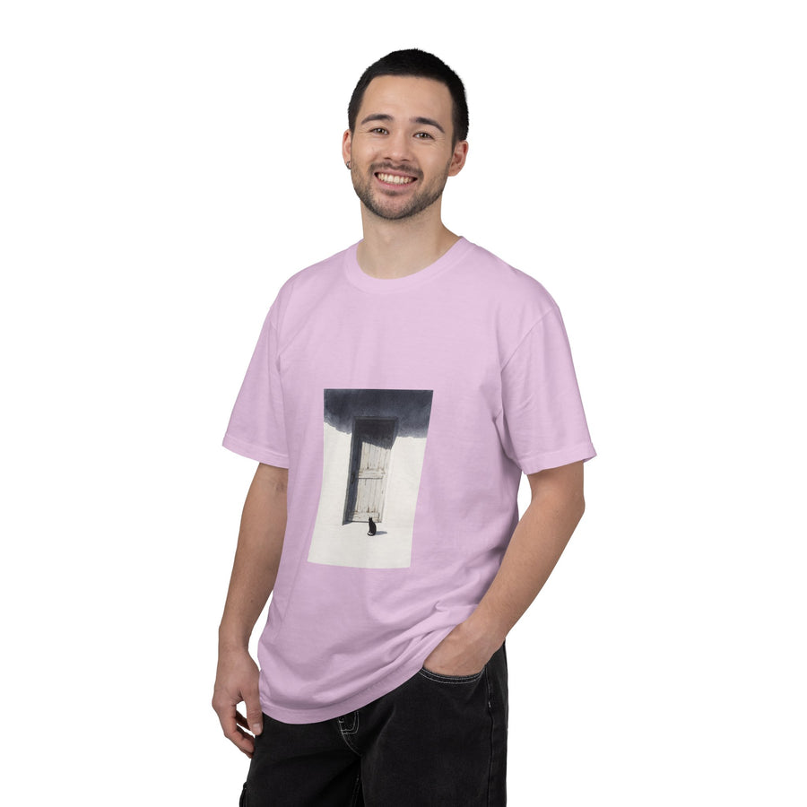 T-Shirt — Minimal Art Cat at Door Graphic Tee