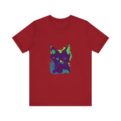 A close-up image of a black t-shirt with a neon cat design, creating an air of mystery and intrigue