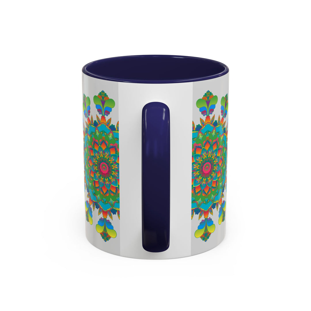 Beautiful hand-painted mandala art mug with vibrant colors on a grey background