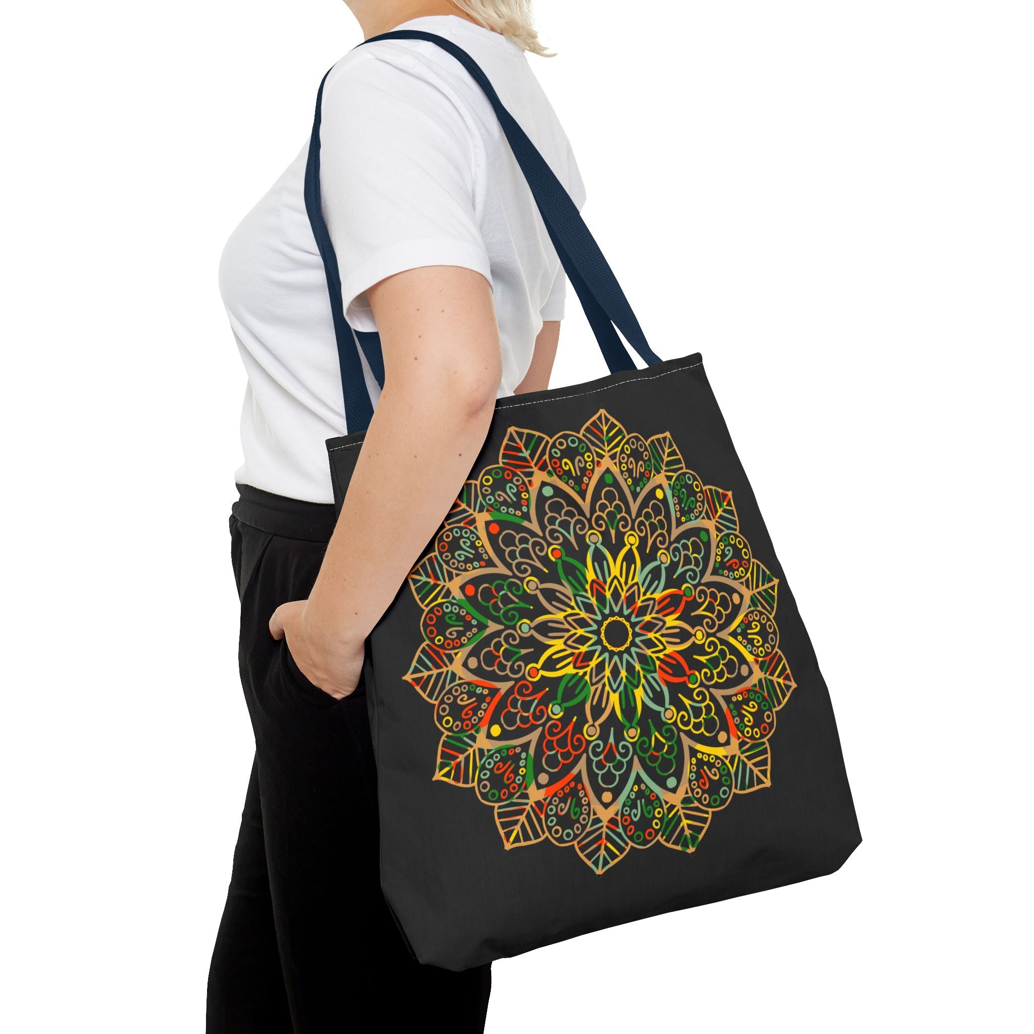 Tote bag adorned with hand-drawn mandala art in colorful and intricate design