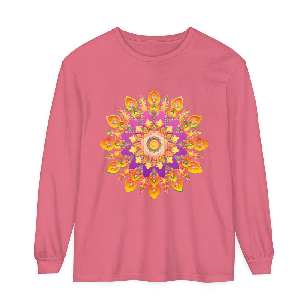 Colorful and intricate mandala design on a unisex long sleeve T-shirt