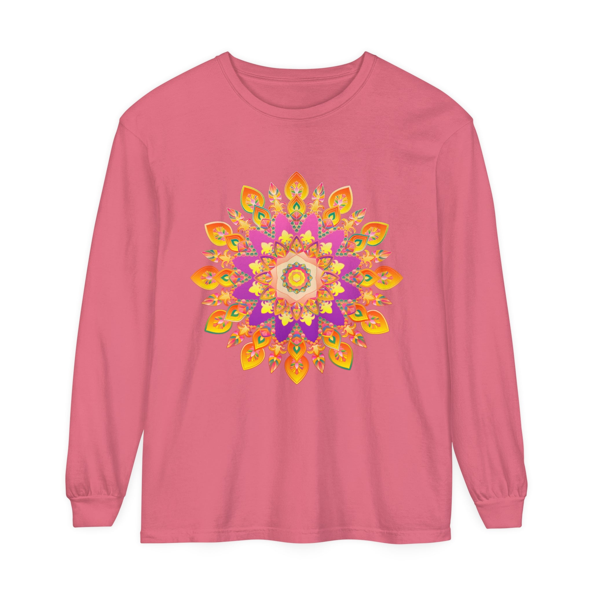 Colorful and intricate mandala design on a unisex long sleeve T-shirt