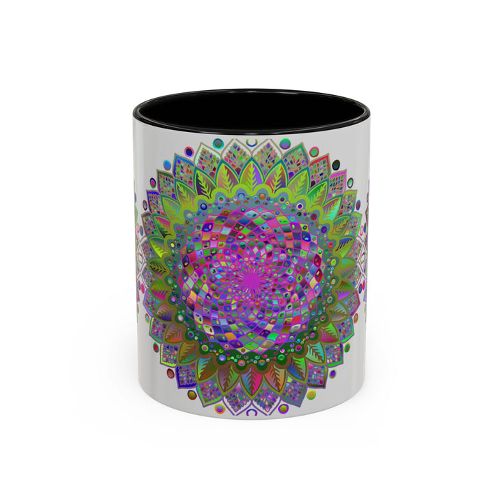 Vibrant and colorful psychedelic mandala design featured on a grey ceramic mug