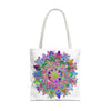 Large, vibrant mandala tote bag with colorful, intricate design perfect for everyday use or as a beach bag