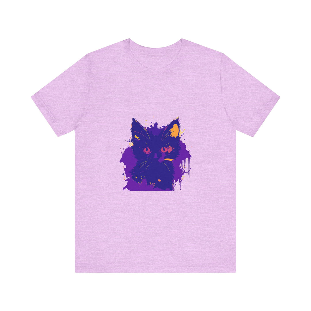 Whimsical blue and pink cat t-shirt with playful design for cat lovers