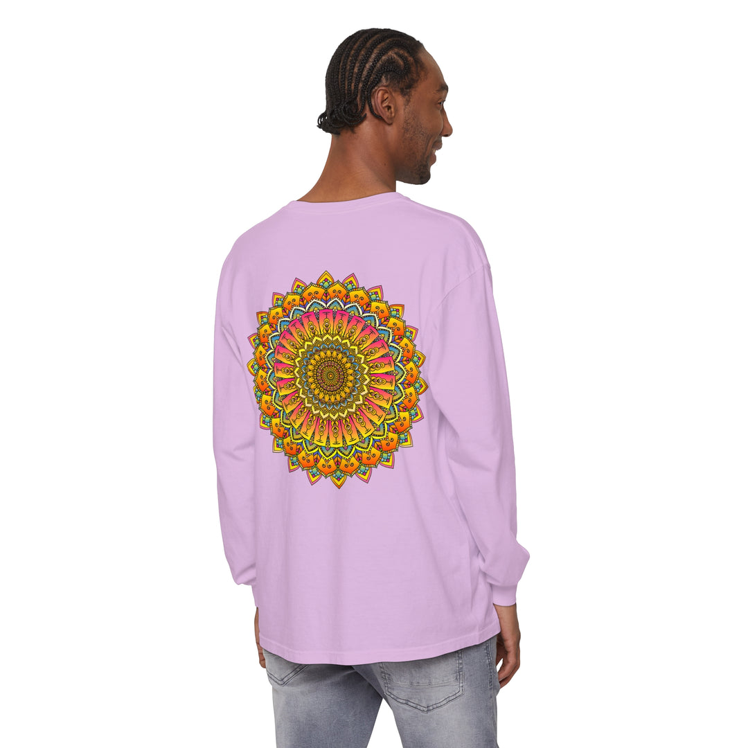 Colorful and intricate mandala design on a unisex long sleeve t-shirt