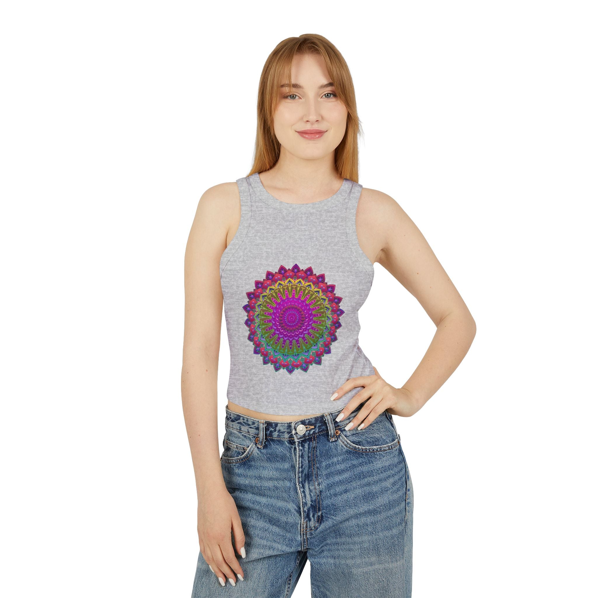 Colorful and intricate mandala design racerback tank top for vibrant and stylish summer fashion