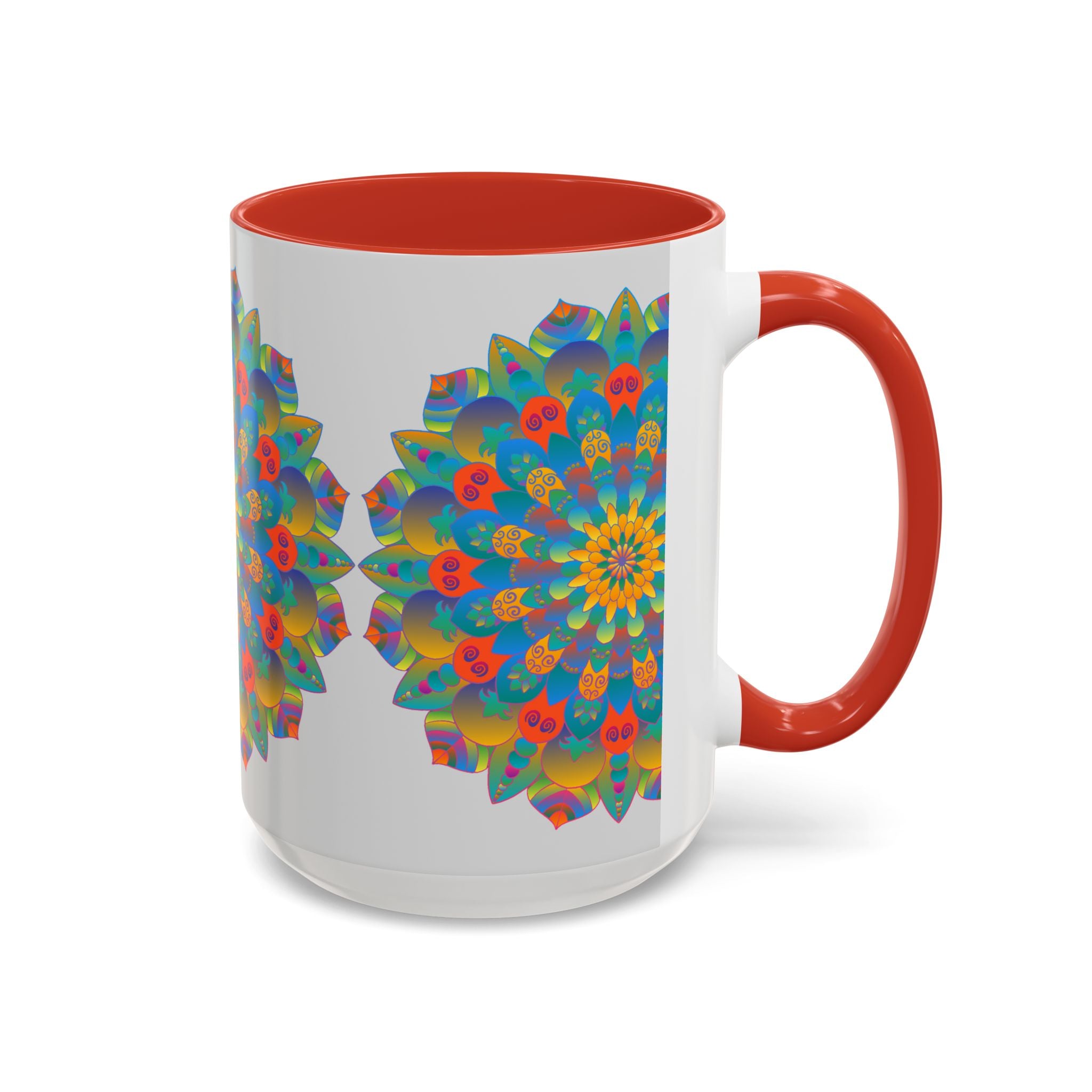 Beautiful vibrant yellow, orange, and blue mandala art mug, perfect for enjoying your favorite hot beverages in style