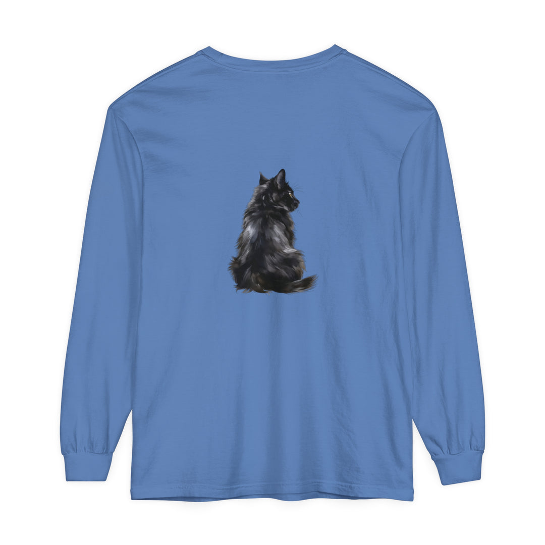 Black Cat Mystique Long Sleeve T-Shirt - a stylish, comfortable black shirt featuring a mysterious and elegant cat design