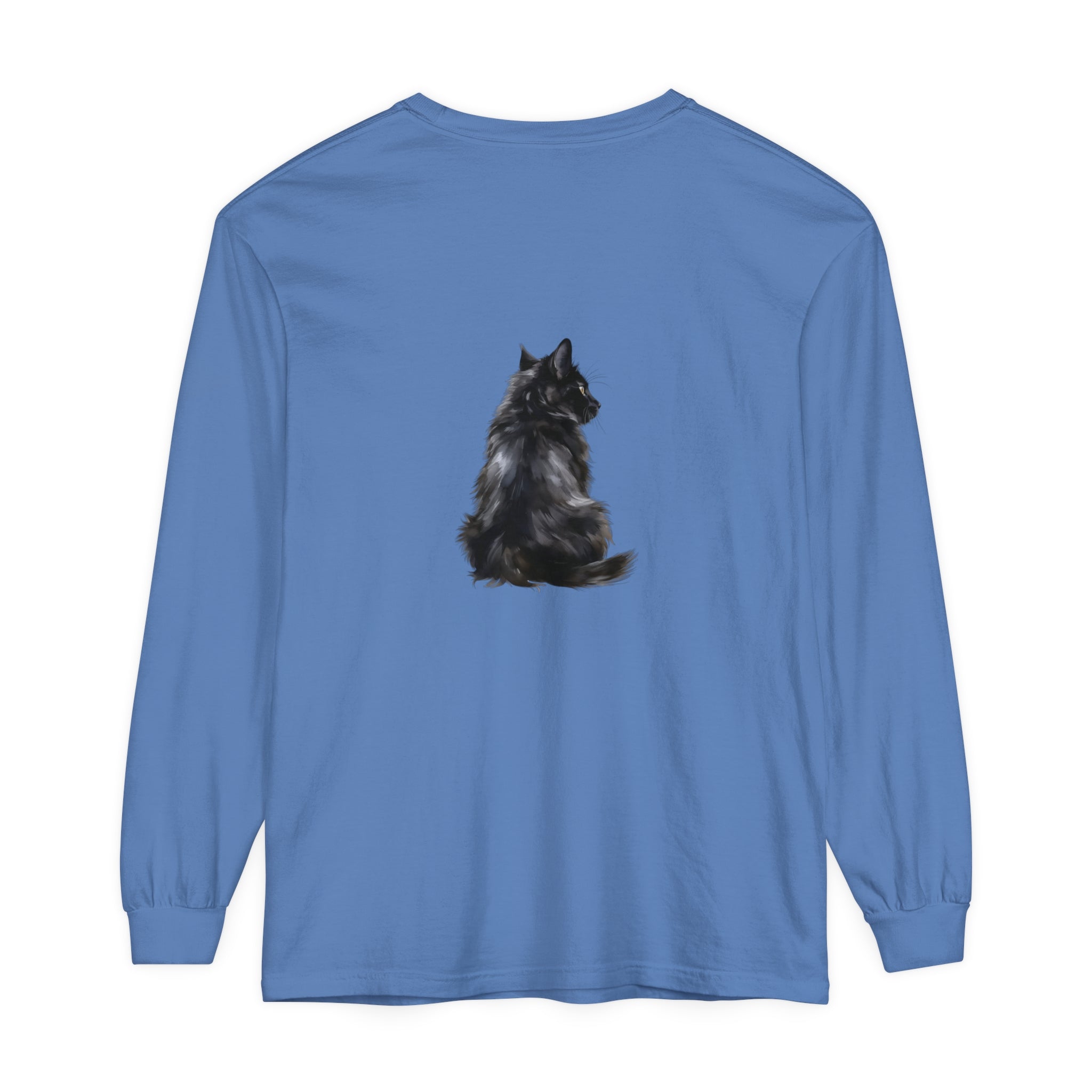 Black Cat Mystique Long Sleeve T-Shirt - a stylish, comfortable black shirt featuring a mysterious and elegant cat design