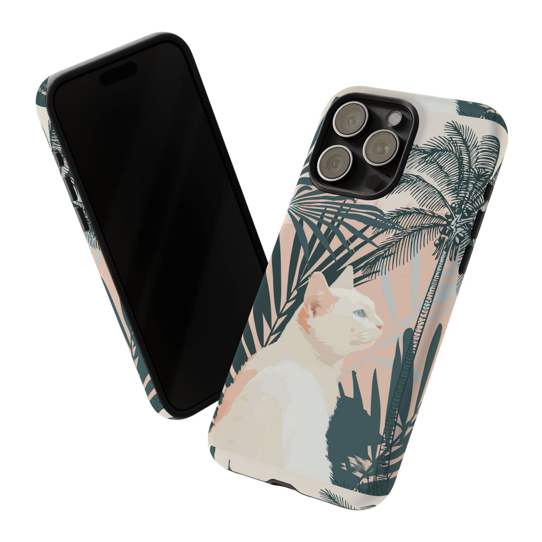 Tropische Katzen-Telefonhülle mit üppigen Palmenmotiven und sanften Pastelltönen