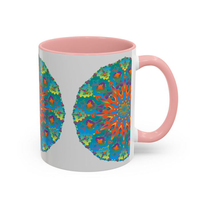 An intricately designed blue and green mandala art mug, perfect for enjoying your favorite hot beverage