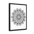 Handmade black and white mandala art on gallery-wrapped canvas, displayed in a vertical frame