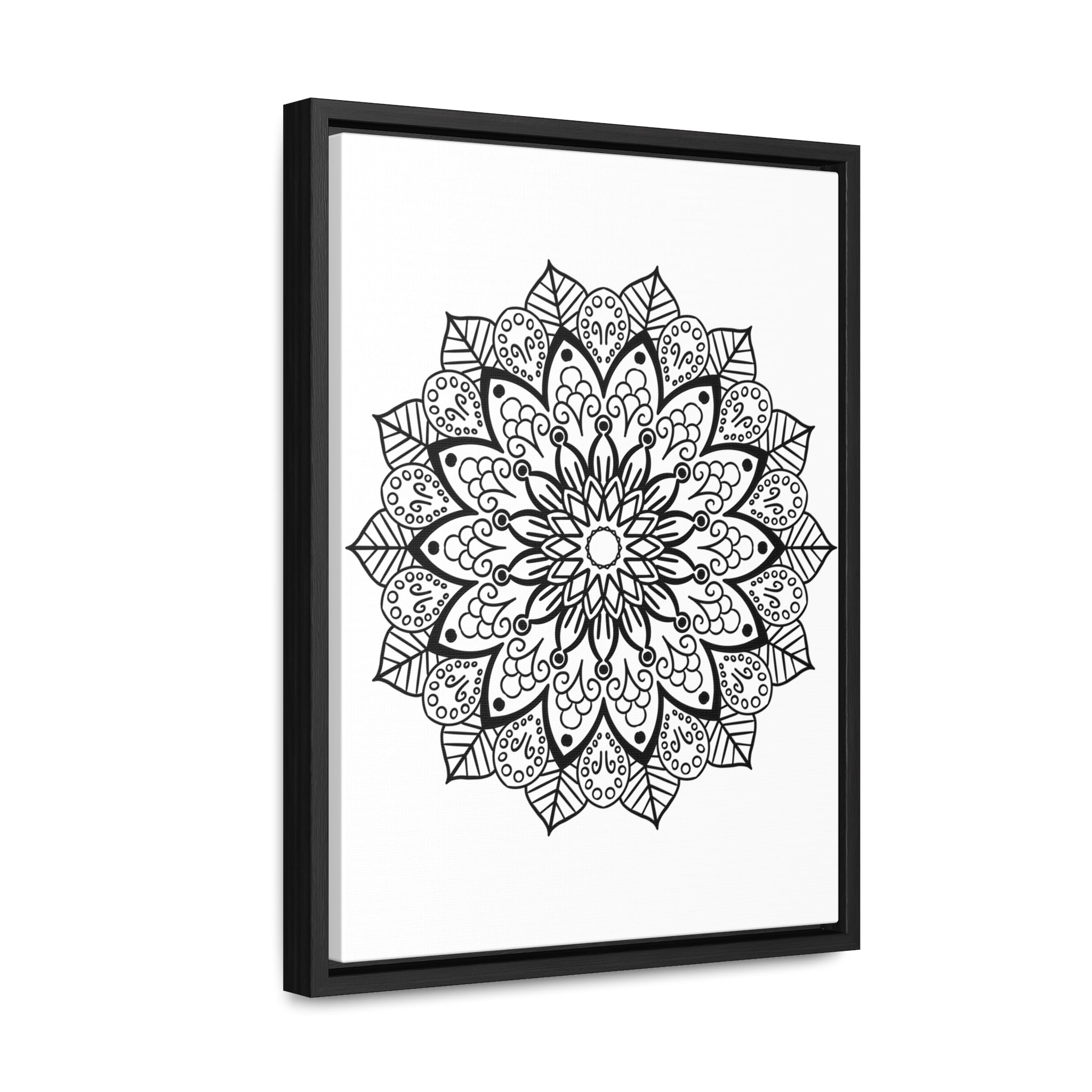 Handmade black and white mandala art on gallery-wrapped canvas, displayed in a vertical frame