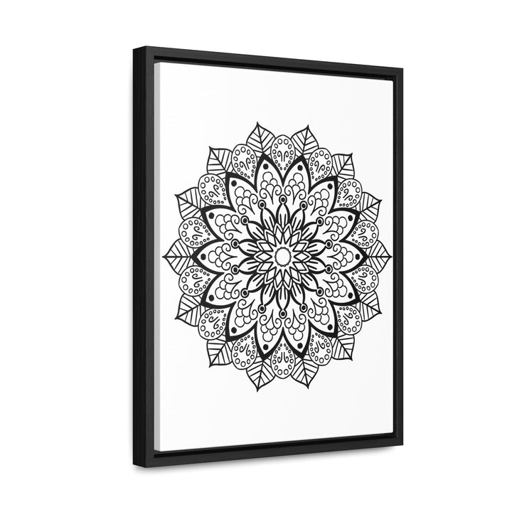 Handmade black and white mandala art on gallery-wrapped canvas, displayed in a vertical frame