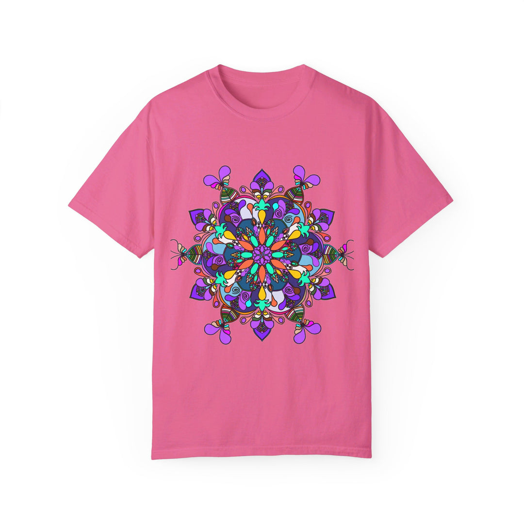 Unisex mandala t-shirt made from 100% ring-spun cotton, hand-drawn mandala art, and garment-dyed for extra comfort